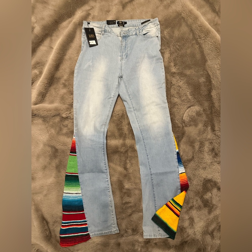 Light Blue Flare Jeans with Multicolor Stripes